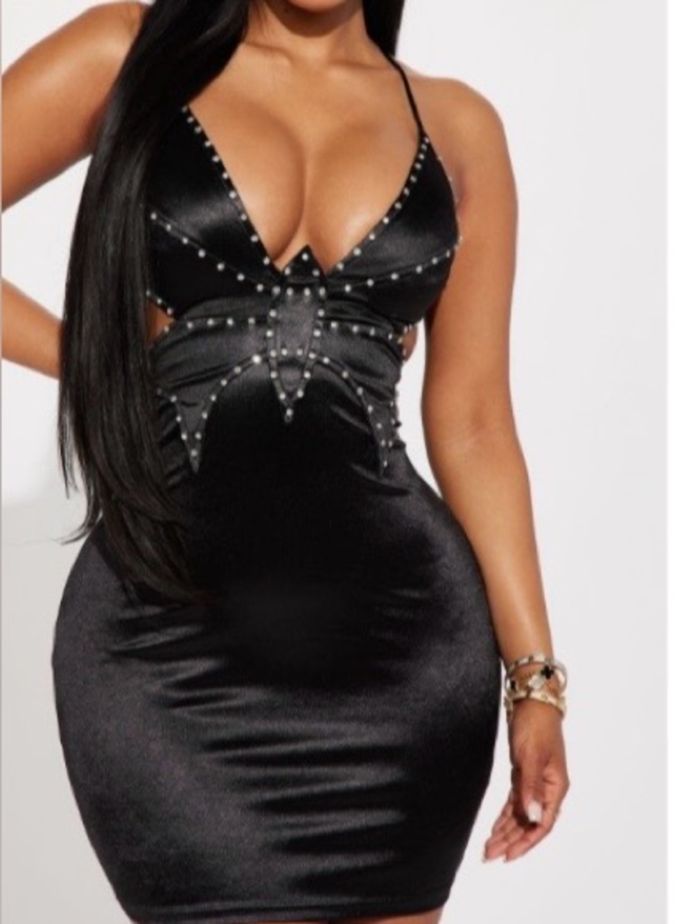 Fashion Nova Black One-Shoulder Studded Bodycon Dress